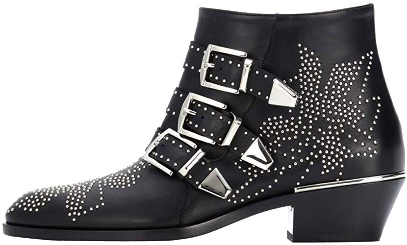 bashafanni Ankle Boots Womens Genunie Leather Rivet Studded Buckle Strap Designer Boot Low Heel Booties