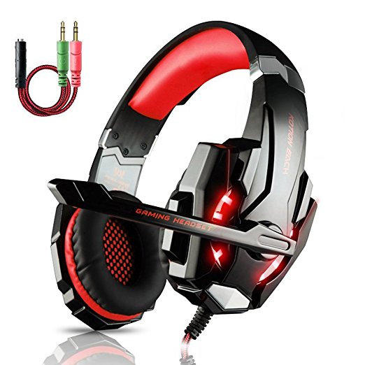 ECOOPRO Stereo Gaming Headset with Microphone – 3.5mm Over Ear Headphones – LED Lights & In-line Volume Control for PS4, PC, MAC, Mobiles (Red)