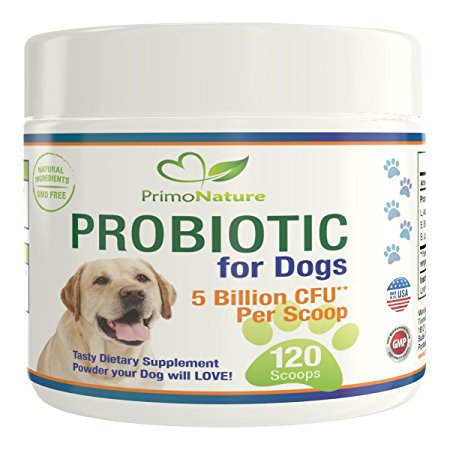 PrimoNature Probiotics For Dogs - Best All Natural Digestive & Immune System Support for Diarrhea, Gas, Upset Stomach, Allergies, Bad Breath, Itching. 12 Strains, 5 Billion CFU. Made in USA