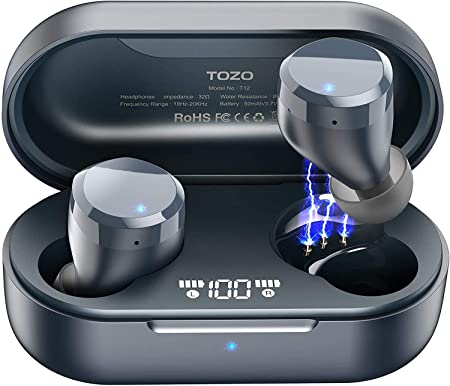 TOZO T12 Wireless Earbuds Bluetooth Headphones HiFi Sound Quality and Wireless Charging Case Digital Intelligence LED Display IPX8 Waterproof Earphones Built-in Mic Headset Deep Bass for Sport Blue