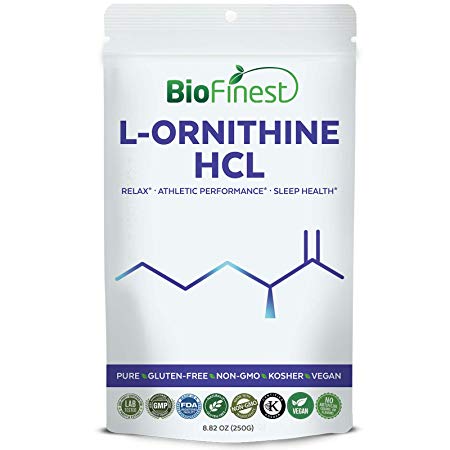 Biofinest L-Ornithine HCL Powder 800mg - Pure Gluten-Free Non-GMO Kosher Vegan Friendly - Supplement for Relax, Sleep Health, Athletic Performance, Healthy Blood Flow (250g)