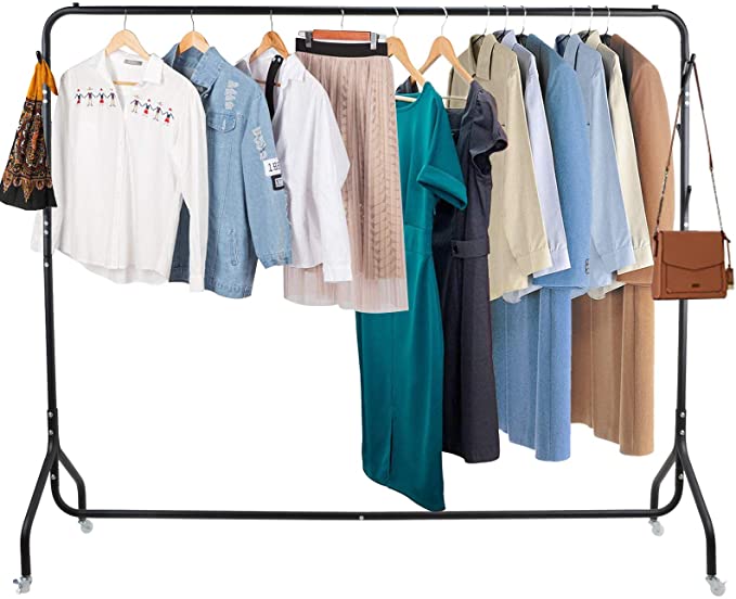 Voilamart Metal Clothes Rail 6FT Heavy Duty Garment Hanging Display Rack Commercial Clothes Stand on Wheels Lockable, 6 Hooks for Handbag Scarf (Black)
