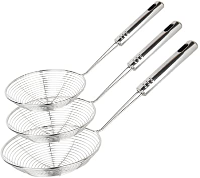 Swify Set of 3 Asian Strainer Ladle Stainless Steel Wire Skimmer Spoon with Handle for Kitchen Frying Food, Pasta, Spaghetti, Noodle-30.5cm, 32cm, 35cm