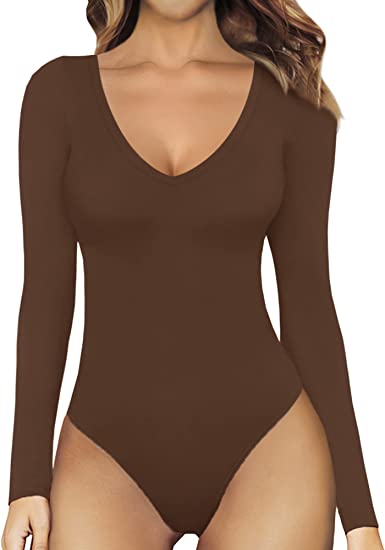 MANGOPOP Deep V Neck Short Sleeve Long Sleeve Tops Sexy Bodysuit for Women Clothing