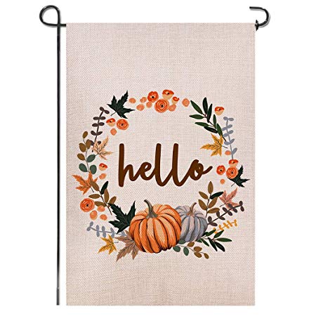 Shmbada Hello Fall Thanksgiving Day Welcome Double Sided Burlap Garden Flag, Premium Material, Seasonal Holiday Outdoor Decorative Small Flags for Home House Garden Yard Lawn Patio, 12.5 x 18.5 inch