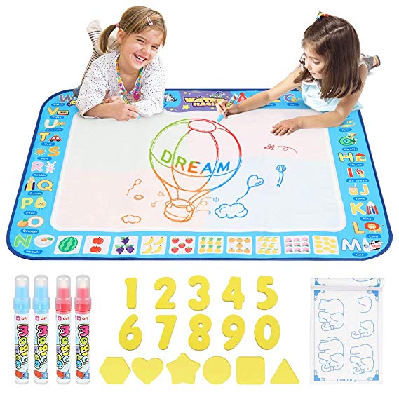 D-FantiX Water Doodle Mat, Extra Large Water Drawing Mat Kids Magic Doodle Board Painting Writing Pad with 4 Magic Pen Educational Toy Gift for Toddlers Boys Girls 4 Colors 38.5 " x 30 "