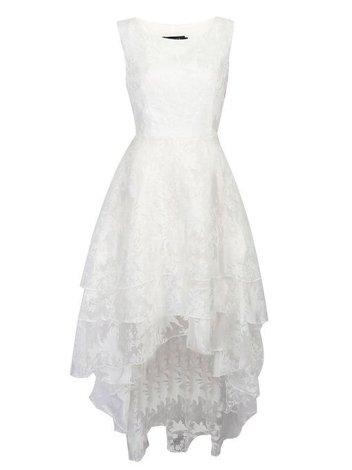 Persun Women's White Floral Print Gauze Panel Multi Layer Sleeveless Hi-lo Dress