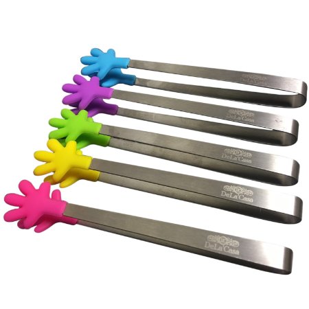 Mini Tongs By DeLa'Casa 5 PACK - FDA Approved Stainless Steel and BPA-Free Silicone Tips - Salad Tongs - Great for Candy, Apetizers, Snacks, Buffets, BBQ's - Heat Resistant, DISHWASHER SAFE