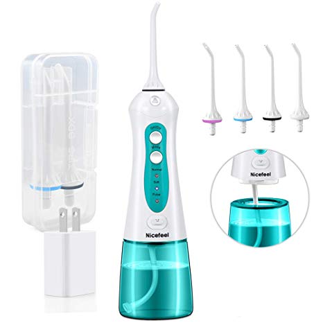 [2019] Best Cordless Water Flosser, Nicefeel 300ML Portable USB Rechargeable Dental Water Flosser Teeth Cleaner, IPX7 Waterproof 3 Modes Oral Irrigator with 4 tips for Home, Travel