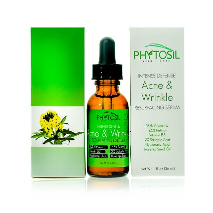 BEST Acne & Wrinkle Face Serum. Fight Wrinkles & Acne with One Product. Contains 20% Vitamin C, 2.5% Retinol, 2% Salicylic Acid, Hyaluronic Acid, Rosehip Seed Oil - Phytosil - 1 oz