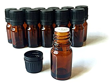 Euro Bottles for Essential Oils by Oils For Everything, Holds 5ml in a Glass Amber Bottle With Black Cap - 12 pack