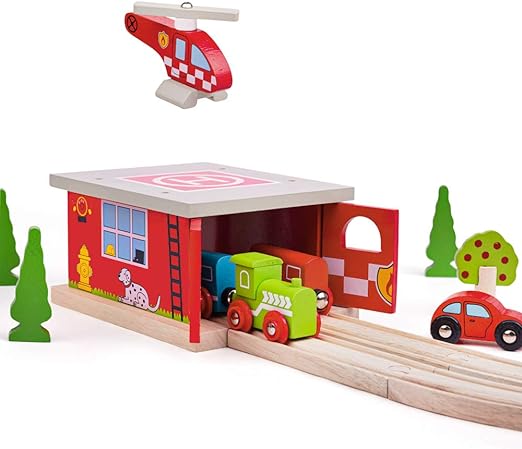 Bigjigs Rail, Firestation Shed, Wooden Toys, Bigjigs Train Accessories, Wooden Fire Station, Wooden Shed, Rescue Vehicles Toys, Wooden Train Sets, Wooden Toys for 3 4 5 Year Olds Multicoloured