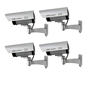 TMEZON 4 Pack Outdoor Dummy CCTV Security surveillance Camera with Blinking Light (Silver)