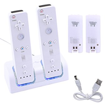 GPCT Dual Charging Station Dock/Battery Charger for Nintendo Wii Remote Controller. Comes with 2 Rechargeable Batteries, LED Lights for Wii Remote Control- White [1 PACK]