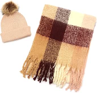 Lucky Brand womens Woven Check Scarf and Pom Hat Set- Boxed