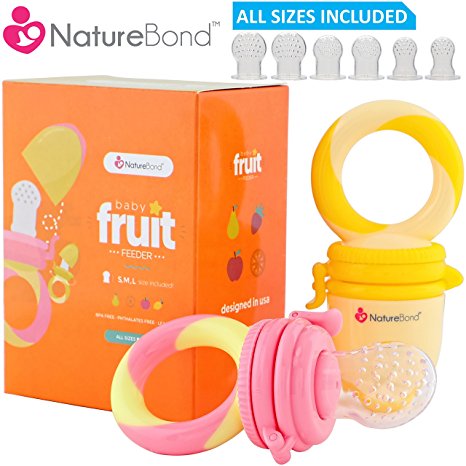 Baby Food Feeder / Fruit Feeder Pacifier - Infant Teething Toy Nibbler Teether and Silicone Food Pouches in Appetite Stimulating Colors 2018 ver by NatureBond | Bonus Includes All Sizes Silicone Sacs