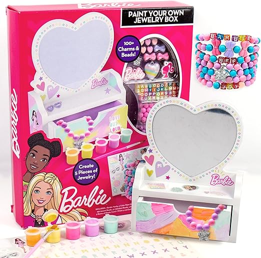 Barbie Paint Your Own Jewelry Box, Customize A Heart-Shaped Vanity & Jewelry Box with Acrylic Paints, Create 5 Pieces of Jewelry, 100  Charms & Beads, Bead Kit for Kids Ages 5, 6, 7, 8