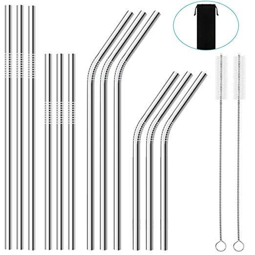 Set of 12 Stainless Steel Drinking Straws,Reusable Metal Drinking Straws for 20oz & 30oz Tumblers Cups Mugs 6 Straight Straws   6 Bent Straws 2 Cleaning Brush (Silver, 8.5 &10.5inches)