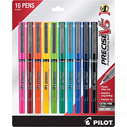 Pilot Precise V5 Stick Rolling Ball Pens, Extra Fine Point 0.5mm, 10 Colors (12562)