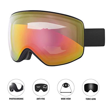 Unigear Skido X3 Photochromic Ski & Snowboard Goggles, Anti-Fog Toric Lens Snow Goggles for Men, Women & Youth - 100% UV Protection