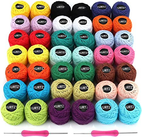 Kurtzy Colorful Crochet Yarn (42 Balls) - 2 Crochet Hooks Included (1mm & 2mm) - Each Thread Ball Weighs (5g/0.18oz) - Total of 1512m/1680 yards of Colored Cotton Yarn