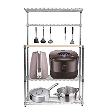 Dporticus 3 Tier Adjustable Kitchen Cart Baker Rack Storage Rack Microwave Oven with Spice Rack Organizer Cutting Board and Hooks