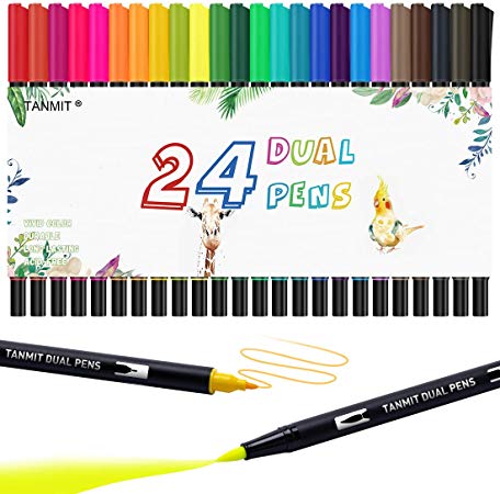 24 Colors Dual Tip Brush Pen Art Markers, Fine Tip Markers & Calligraphy Brush Pens for Journaling, Sketching, Hand Lettering, Coloring Books, Art Suppliers