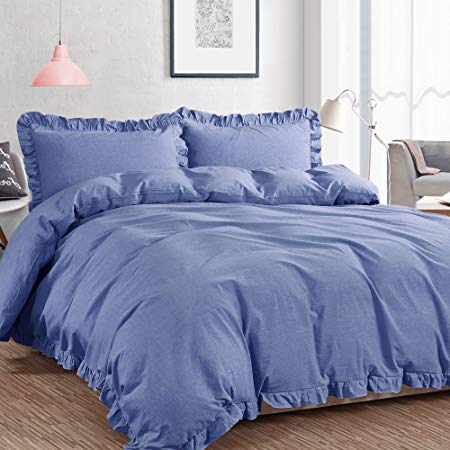 NTBAY 3 Pieces Duvet Cover Set Washed Cotton Solid Color with Exquisite Ruffles Design, Soft and Comfortable, Queen Size, Denim Blue