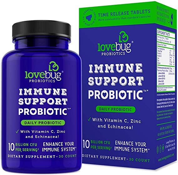 Lovebug Probiotic - Immune Support Wellness Supplement, Contains Vitamin C, Zinc & Echinacea, Time Release Patent Delivery for Cold and flu, 30 Day Supply.