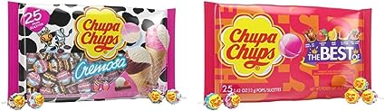 Chupa Chups (1) bag Cremosa Lollipops Candy 2 Ice Cream Flavors - Strawberry and Cream, Choco-Vanilla - Fat, Peanut & Gluten Free 25 pieces/10.58 oz & "Best of" Flavours Lollipops, 25 Pieces, Assorted