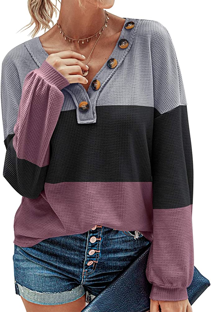 BTFBM Women Waffle Knit Shirts V-Neck Long Sleeve Casual Slouchy Loose Blouses Plain Faux Button Lightweight Pullover