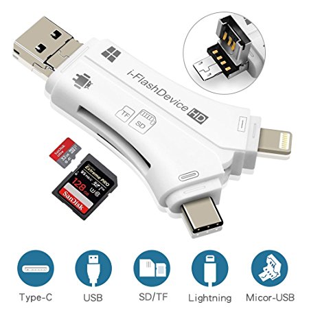 SD Card Reader, RayCue 4 in 1 i Flash Drive USB Micro SD &TF Card Reader Adapter for iPhone iPad Mac Android (White)