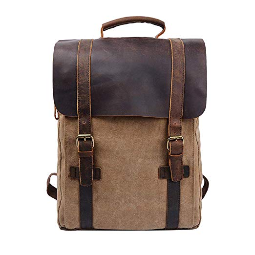 S-ZONE Updated Double Zipper Version Unisex Vintage Canvas Genuine Leather Travel School Bag 15.6 Laptop Backpack Rucksack Daypack Casual Daypacks (Brown)