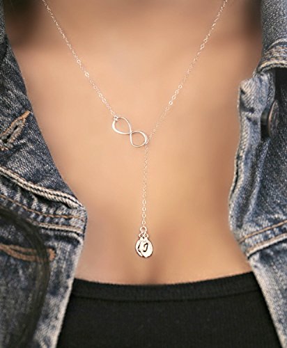 925 sterling silver necklace, Infinity lariat with two 2 custom stamped initial leaves, personalized monogram letter, friendship, sisters, family