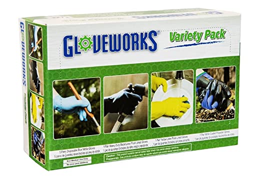 AMMEX Variety Pack Gloves - 5 Pairs Blue Nitrile Disposable gloves, 1 Pair Heavy Duty Black Latex Flock Lined Gloves, 1 Pair Yellow Latex Flock Lined Gloves, 1 Pair Nitrile Coated Polyester Gloves, Large/XL, Pack of 8 Pairs