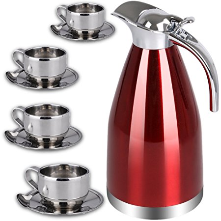 Thermal Carafe Set for Coffee and Tea by Chefcoo™ Includes Pitcher, 4 Mugs Saucers and Spoons - Double Wall Pot Best for Hot and Cold Beverages - Holds Temperature for Longer - Red Color