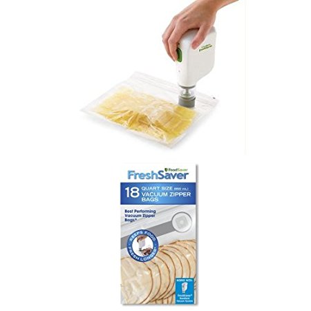 FoodSaver FSFRSH0051 FreshSaver Handheld Vacuum Sealing System and 18 Quart-sized Vacuum Zipper Bags Bundle