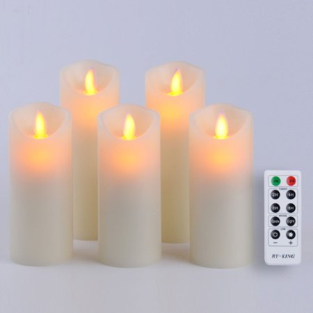 Ry-king 2.2" X 5"/6" Classic Pillar Real Wax Dancing Flame LED Candles with Timer and 10-key Remote Control - Set of 5