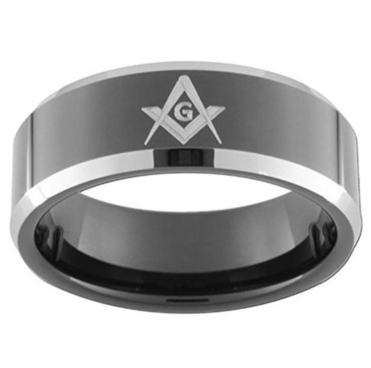 King Will 8mm Black Men's Tungsten Carbide Ring Polished Masonic Compass Square Free Mason
