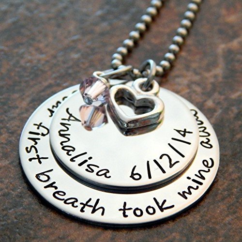 Your First Breath Took Mine Away Necklace Personalized With Childs Name Birthdate and Birthstone Mothers Necklace Hand Stamped New Mom Gift