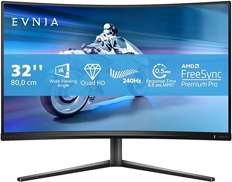 Philips Evnia - 32M2C5500W - 32 Inch QHD Curved Gaming Monitor, 240Hz, VA, 0.5 ms, HDR400, AMD FreeSync Pro, Height Adjust, USB HUB (2560 x 1440 - HDMI 2.0 / DP 1.4 / USB 3.2)