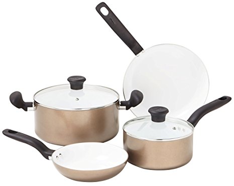 T-fal C714S6 Initiatives Nonstick Ceramic Coating PTFE PFOA and Cadmium Free Scratch Resistant Dishwasher Safe Oven Safe Cookware Set, 6-Piece, Gold