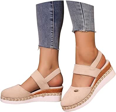 Sandals for Women Dressy Summer,Womens Closed Toe Espadrilles Platform Wedge Ankle Strap Sandals Comfortable Anti Slip Beach Casual Shoes