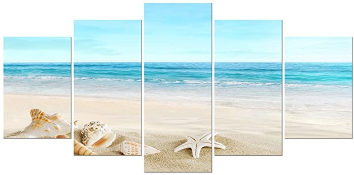 Pyradecor Sea Shells Giclee Canvas Prints Modern Seascape Artwork Landscape Pictures Paintings on Stretched and Framed Canvas Wall Art for Home Decor Extra Large