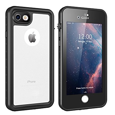 Singdo iPhone 7 iPhone 8 Waterproof Case, 2018 Exclusive Slim Design Case for iPhone 7 Built in Screen Protector Shockproof Snowproof IP68 Underwater Waterproof Case for iPhone 7/8 (Black/Clear)