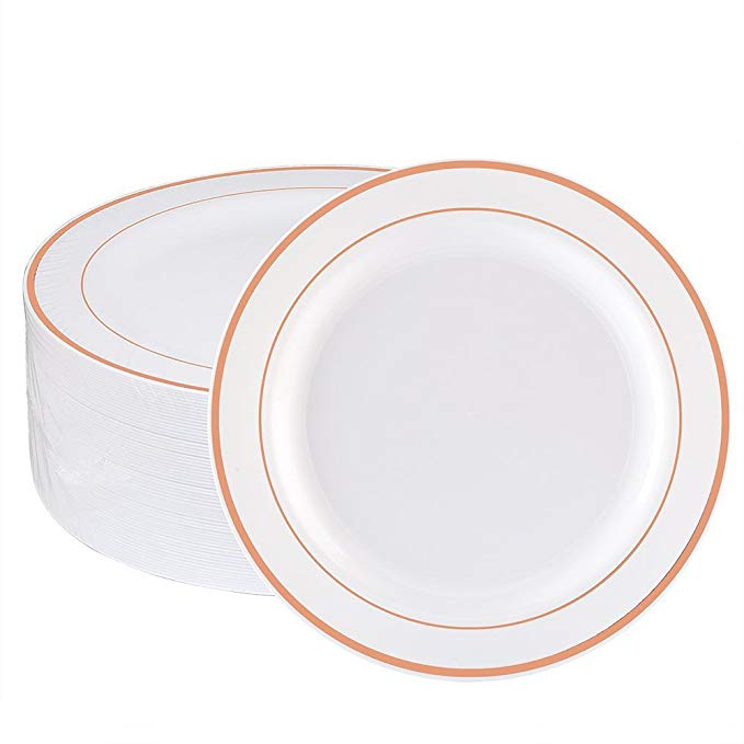 WDF 60pcs Disposable Plastic Plates-7.5inch Salad/Dessert Plates- Rose Gold Trim Real China Design - Premium Heavy Duty Plastic Plates for Wedding/Parties