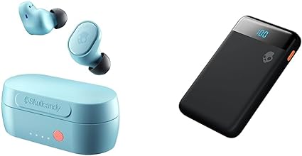 Skullcandy Sesh Evo True Wireless in-Ear Bluetooth Earbuds - Blue & Stash Mini 5000 mAh Fast Charging Power Bank/Small and Light Travel Friendly Portable Charger - Black/Orange