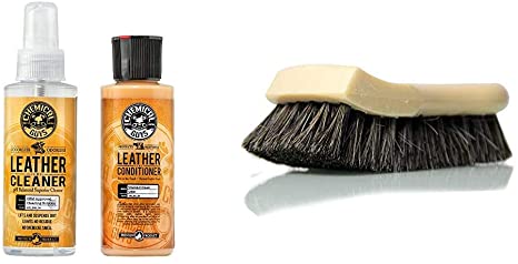 Chemical Guys Leather Cleaner and Conditioner Complete Leather Care Kit (4 Ounce) (2 Items) Acc_S95 Long Bristle Horse Hair Leather Cleaning Brush, 1 Pack