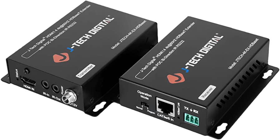 J-Tech Digital HDBaseT HDMI Extender 4K Ultra HD Extender for HDMI 2.0 over Single Cable CAT5e/6A up to 230ft (1080P) 130ft(4K) Supports HDCP 2.2/1.4, RS232, Bi-directional IR and PoE