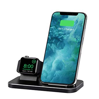 CONBOLA Wireless Charger Stand Fast Charging Dual 2 in 1 Phone Watch Dock Station Holder Compatible with Watch 4/3/2/1 XS/XS MAX/XR/X Galaxy S10/S9 Plus Qi-Enabled Receiver for Free. (Black)